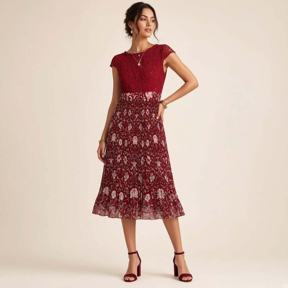 Plenty Tracy Reese Lace Floral Pleated Dress 4P Burgundy Autumn Wedding Guest